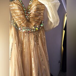 Gold Sequin Prom Dress with Iridescent Jewel Accents